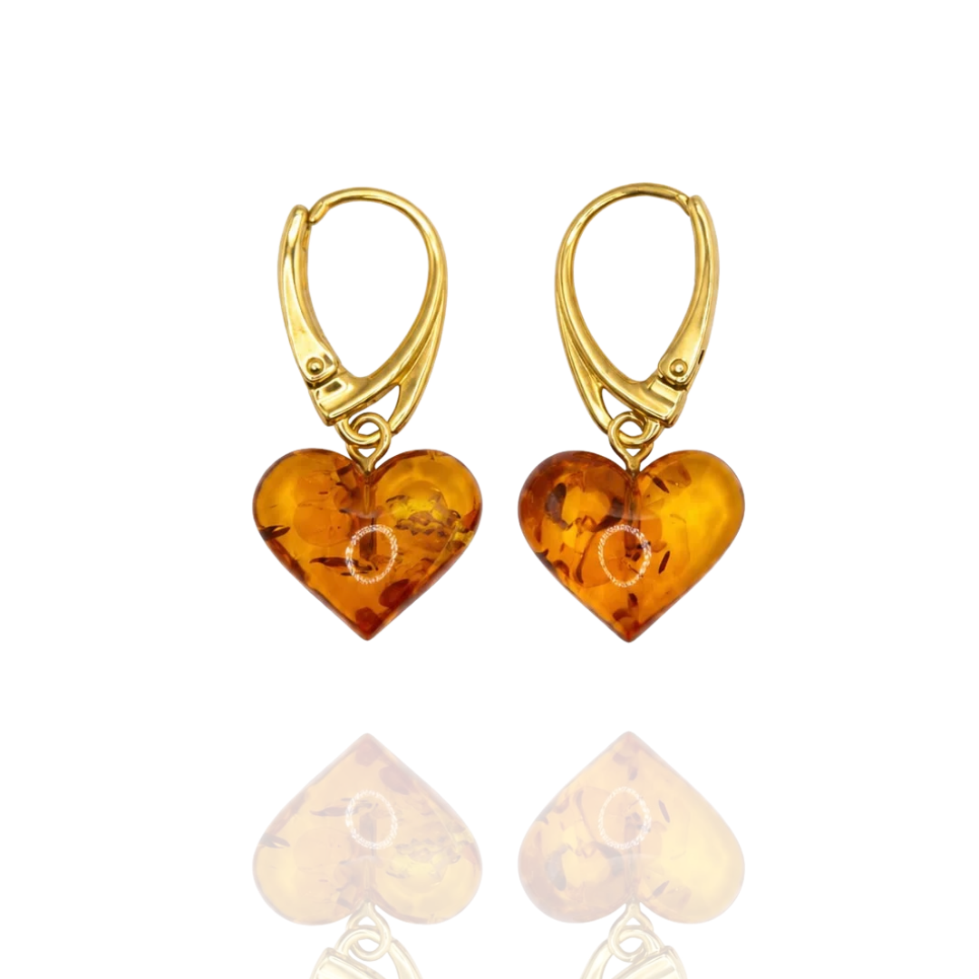 Light Cognac Gold-Plated Heart Amber Earrings