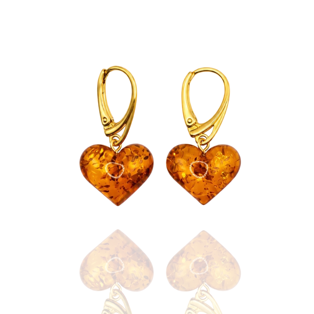 Light Cognac Gold-Plated Heart Amber Earrings