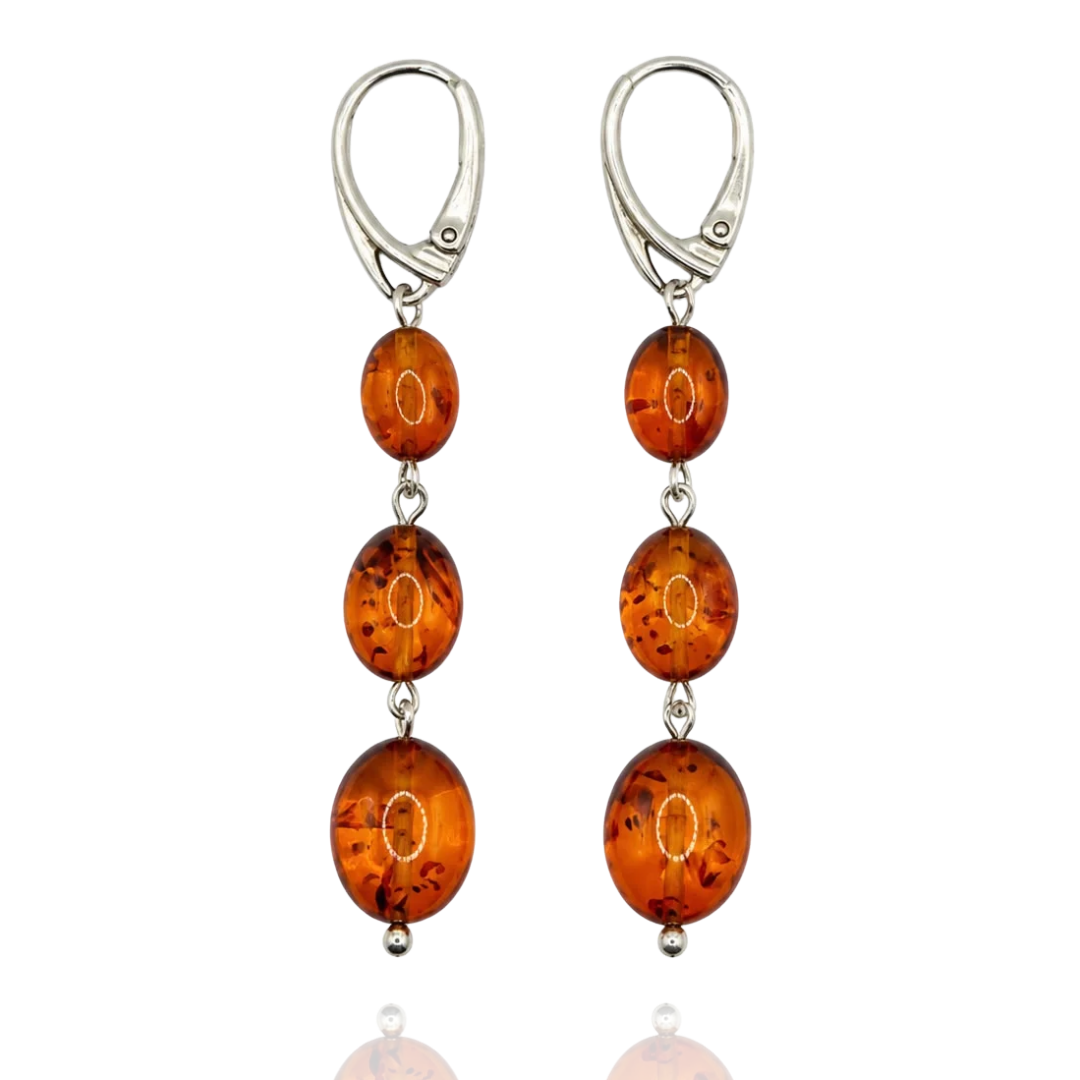 Cognac 925 Sterling Silver Round Long Amber Earrings