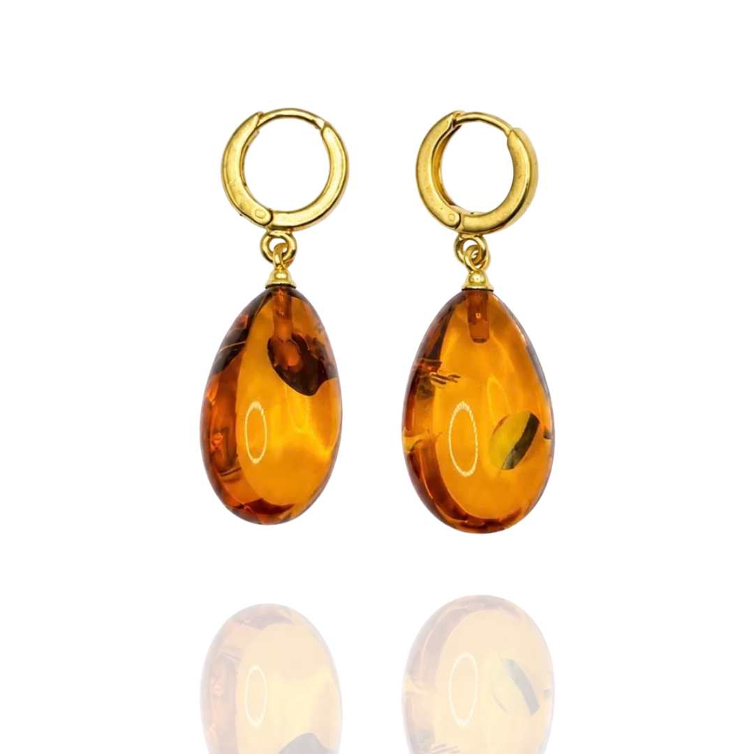 Light Cognac Gold-Plated Amber Teardrop Earrings