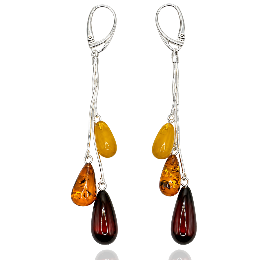 Natural Multicolor Baltic Amber Drop Earrings with Sterling Silver