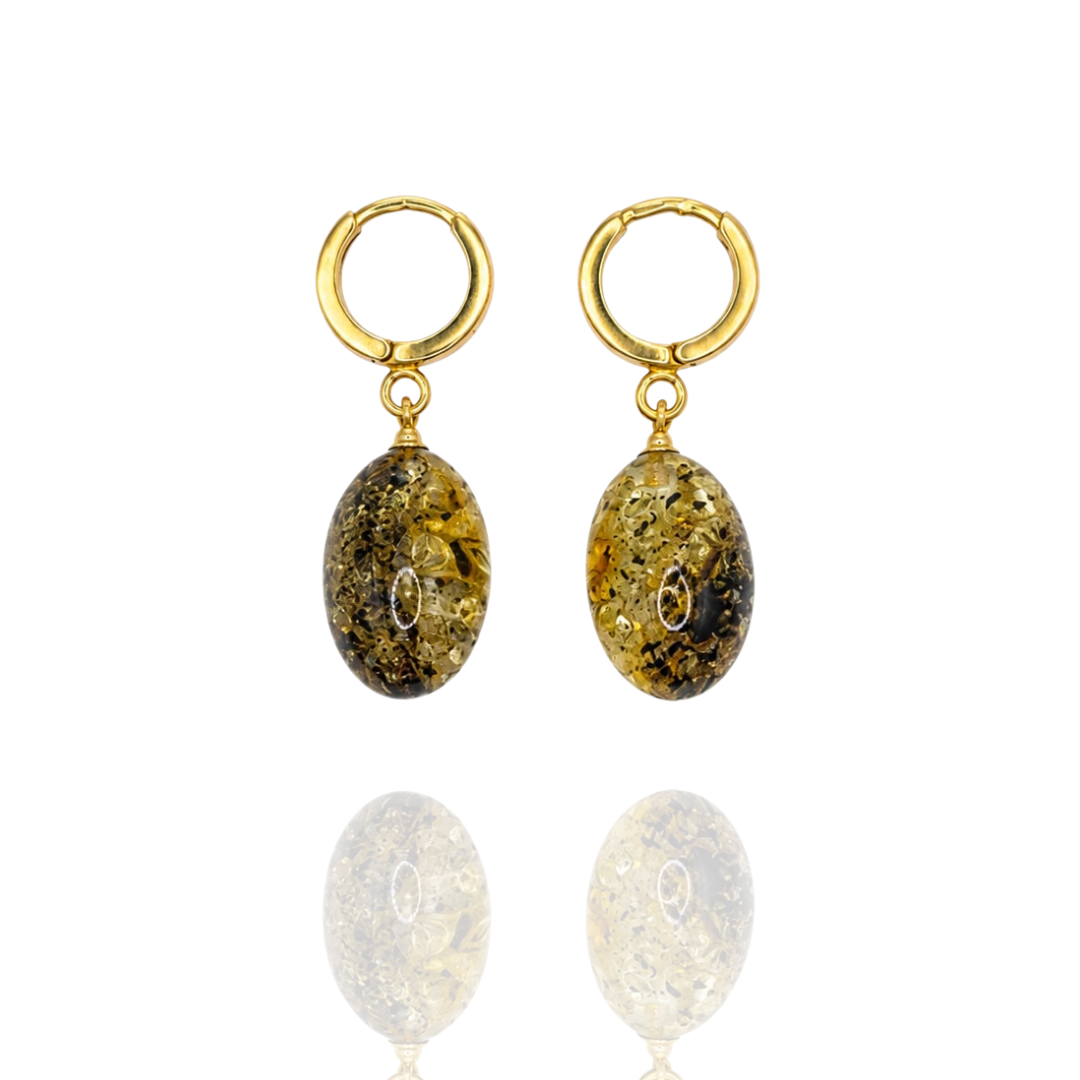 Green Gold-Plated Oval Amber Earrings