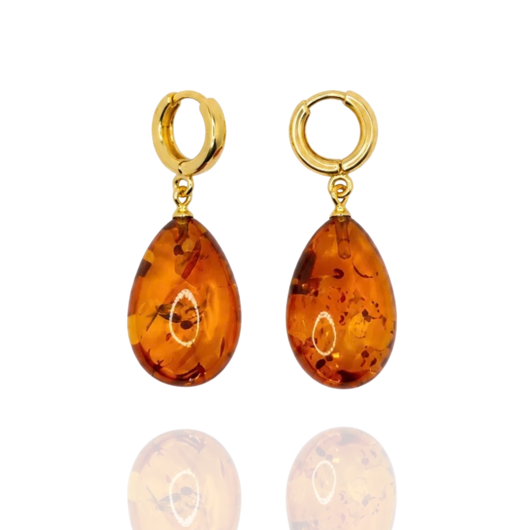 Light Cognac Gold-Plated Amber Teardrop Earrings