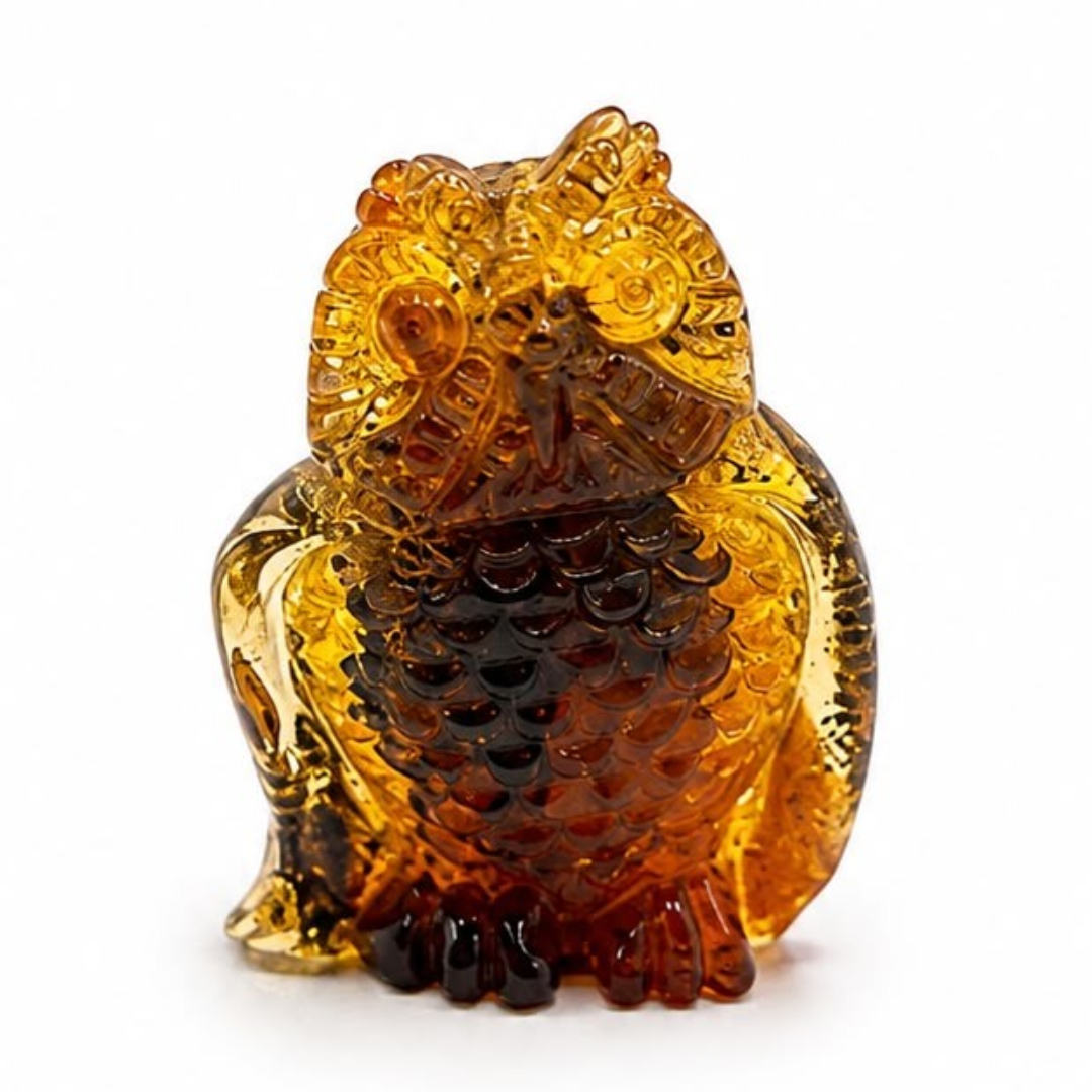 Green and honey Baltic amber owl figurine
