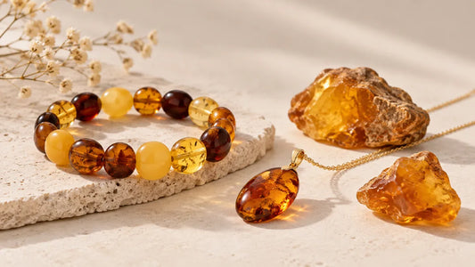 Baltic amber bracelet, pendant and raw amber stones on a neutral surface