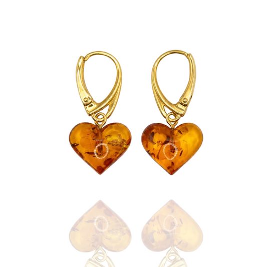 Light Cognac Gold-Plated Heart Amber Earrings