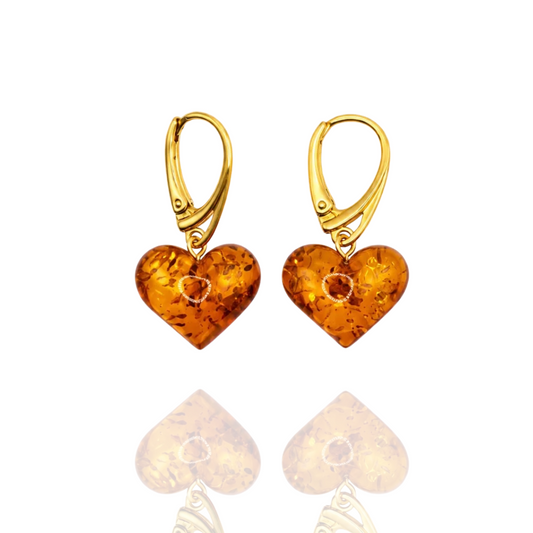 Light Cognac Gold-Plated Heart Amber Earrings