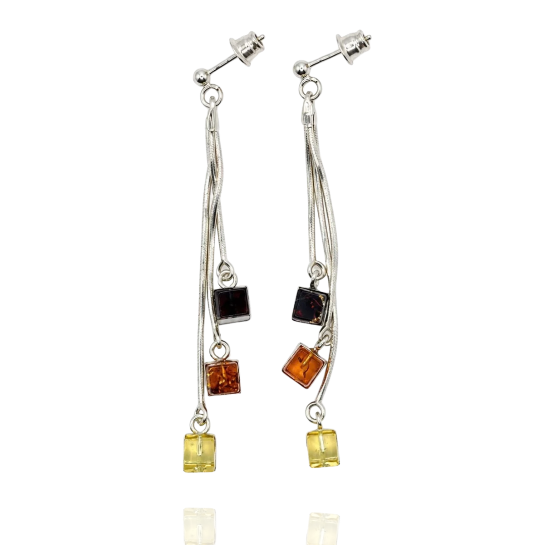 Multicolor 925 Sterling Silver Amber Square Drop Earrings