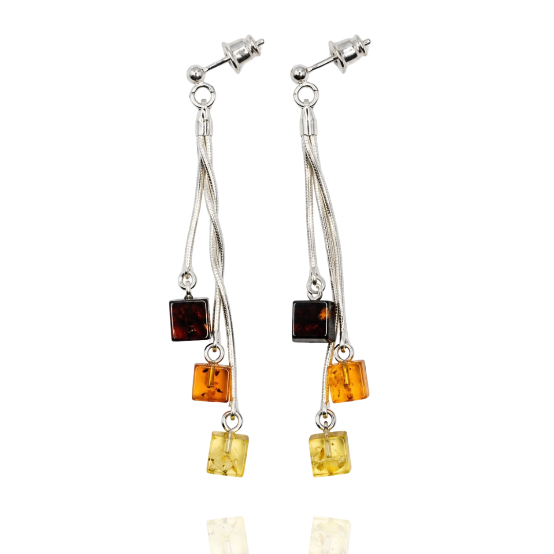Multicolor 925 Sterling Silver Amber Square Drop Earrings