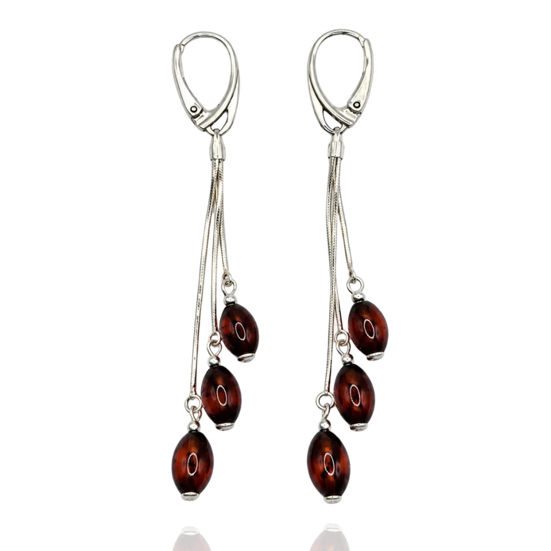 Cognac 925 Sterling Silver Round Long Amber Earrings