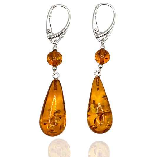Natural Cognac Baltic Amber Drop Earrings with Sterling Silver