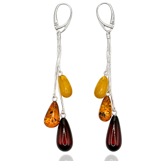 Natural Multicolor Baltic Amber Drop Earrings with Sterling Silver