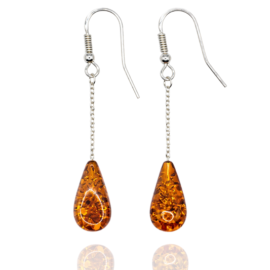Cognac Amber Drop Earrings with Sterling Silver