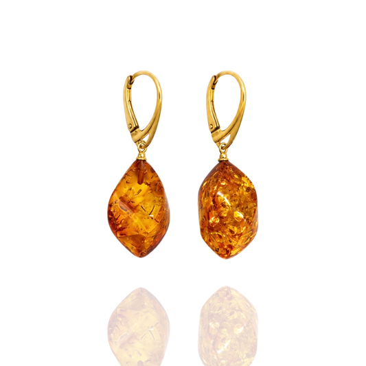 Light Cognac Gold-Plated Amber Twisted Drop Earrings