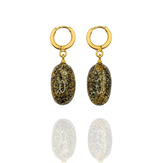 Dark Green Gold-Plated Oval Amber Earrings
