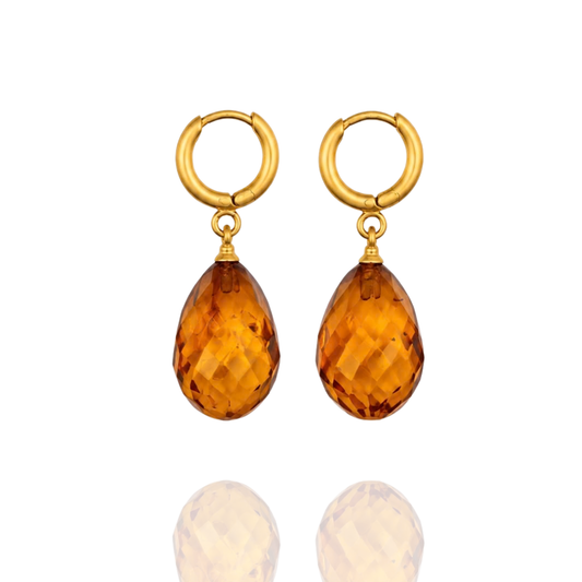 Light Cognac Gold-Plated Faceted Amber Teardrop Earrings