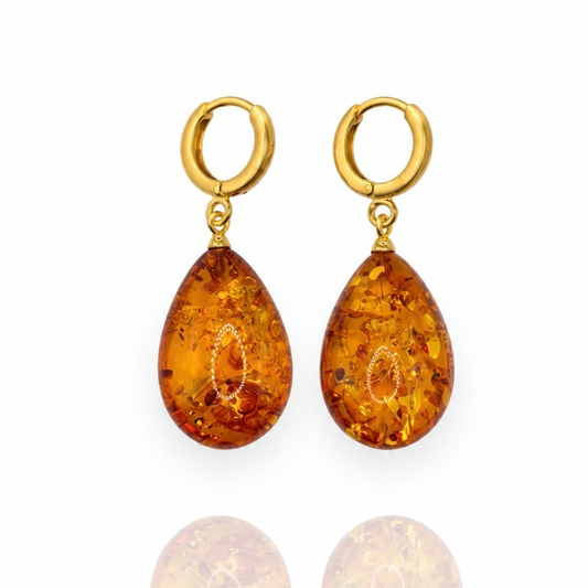 Light Cognac Gold-Plated Amber Teardrop Earrings