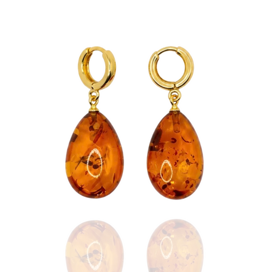 Light Cognac Gold-Plated Amber Teardrop Earrings