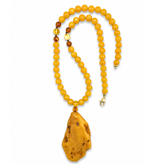 Butterscotch Baltic Amber Round Bead Necklace with Raw Amber Pendant
