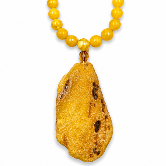 Butterscotch Baltic Amber Round Bead Necklace with Raw Amber Pendant