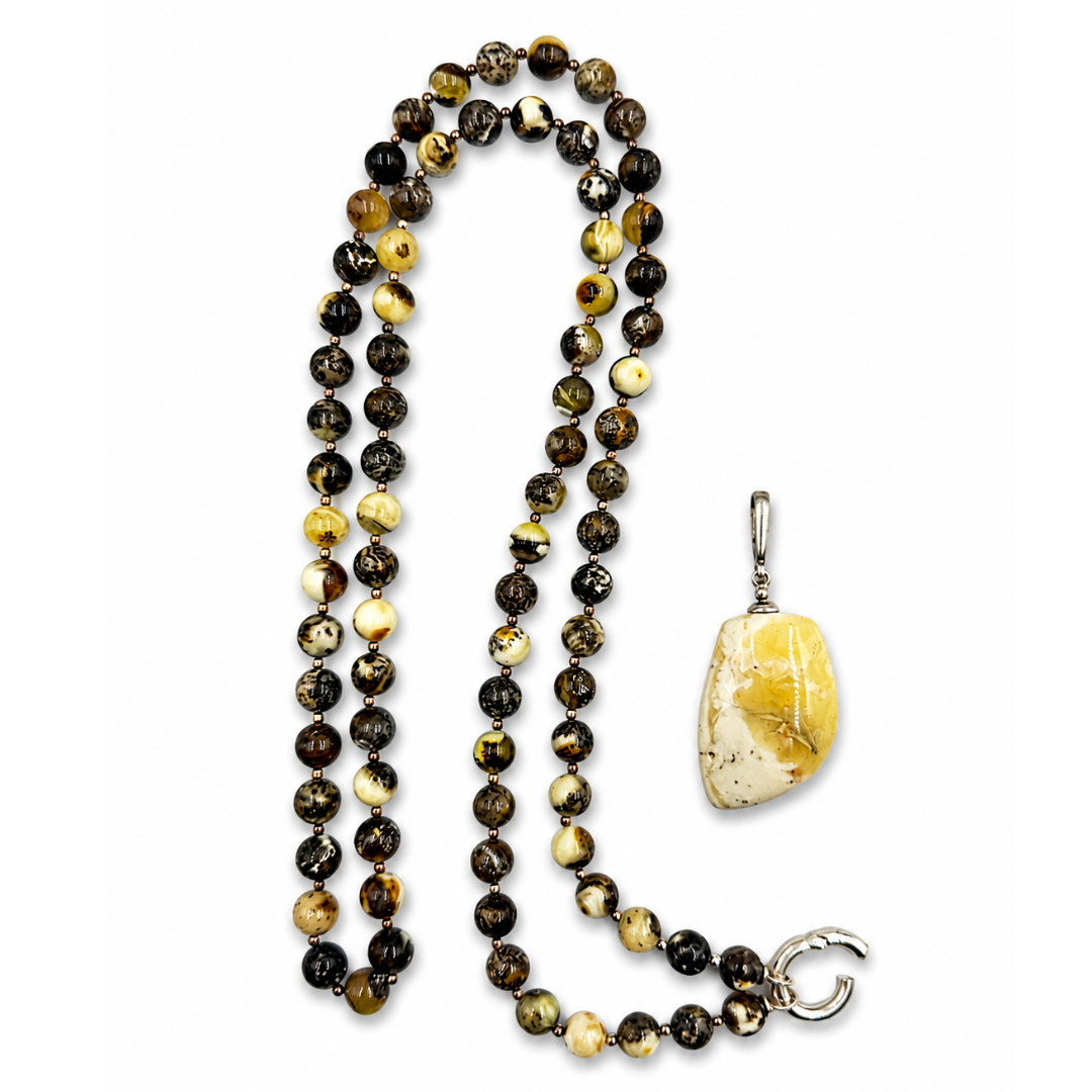 Multicolor Amber Bead Necklace with Silver Pendant