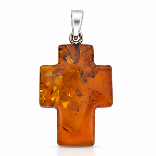 Amber Cross Pendant – Sterling Silver