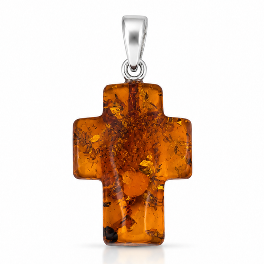 Amber Cross Pendant – Sterling Silver
