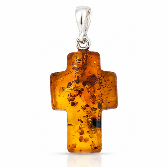 Amber Cross Pendant – Sterling Silver