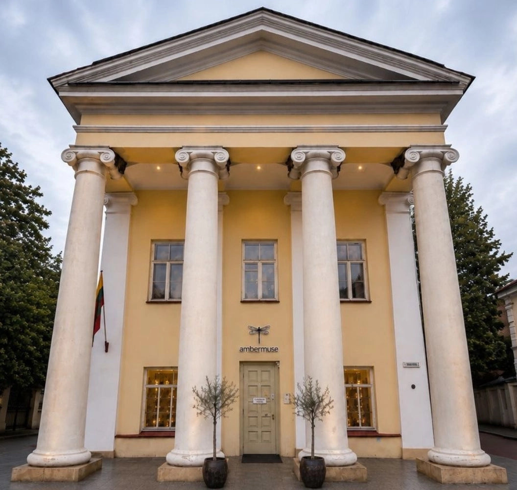 Neoclassical building with columns and a flag on a cloudy day