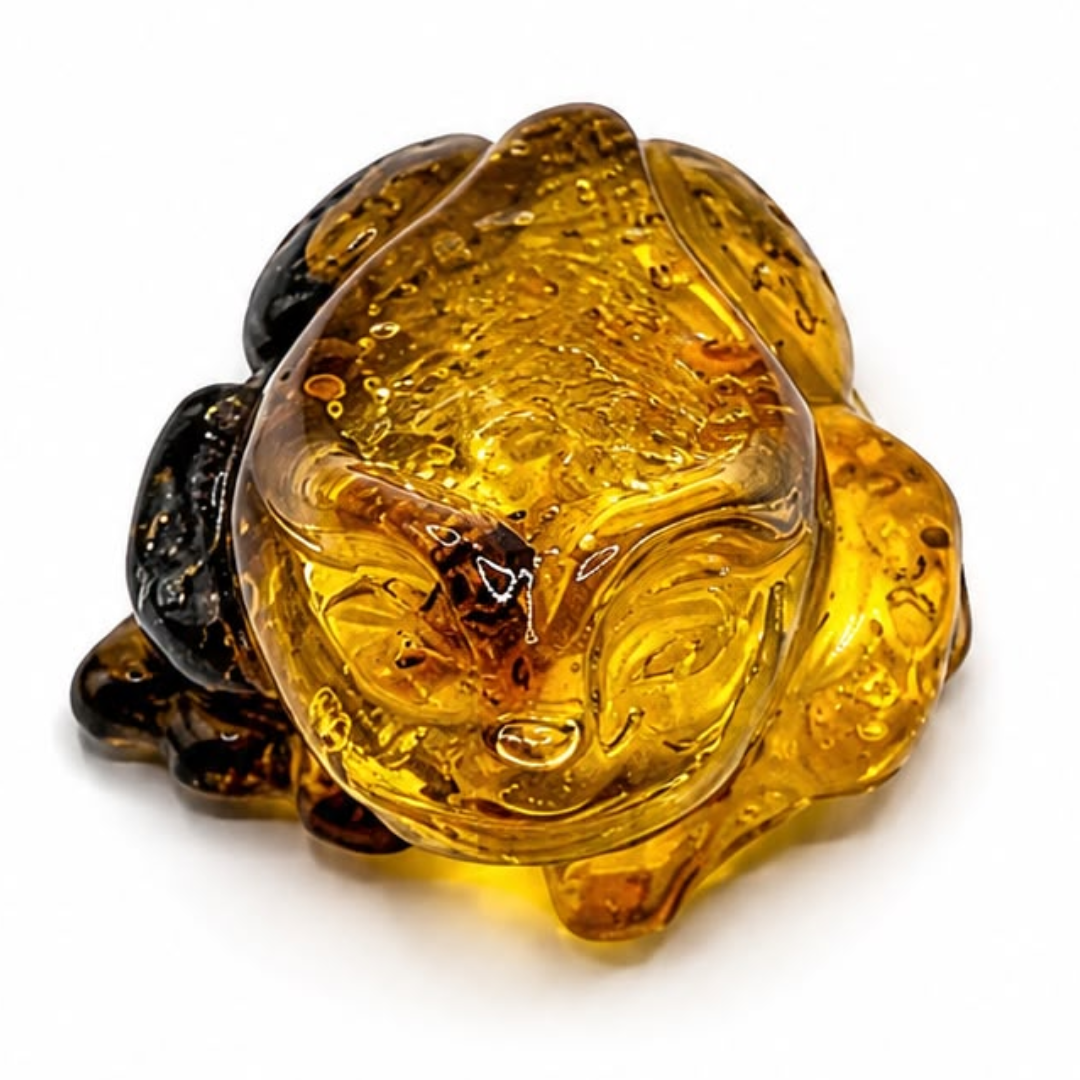 Honey and green Baltic amber frog figurine