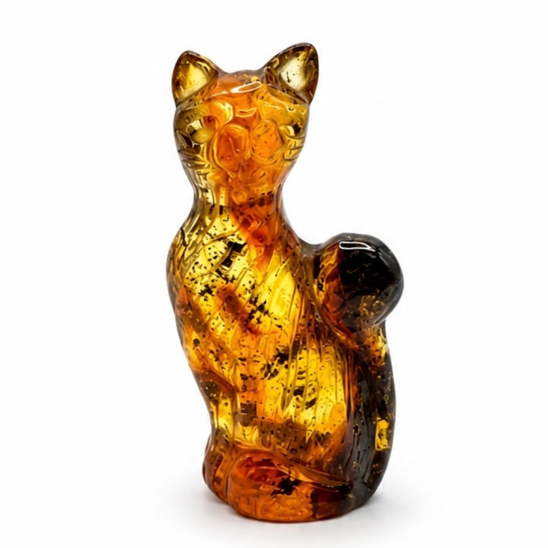 Green and honey Baltic amber cat figurine
