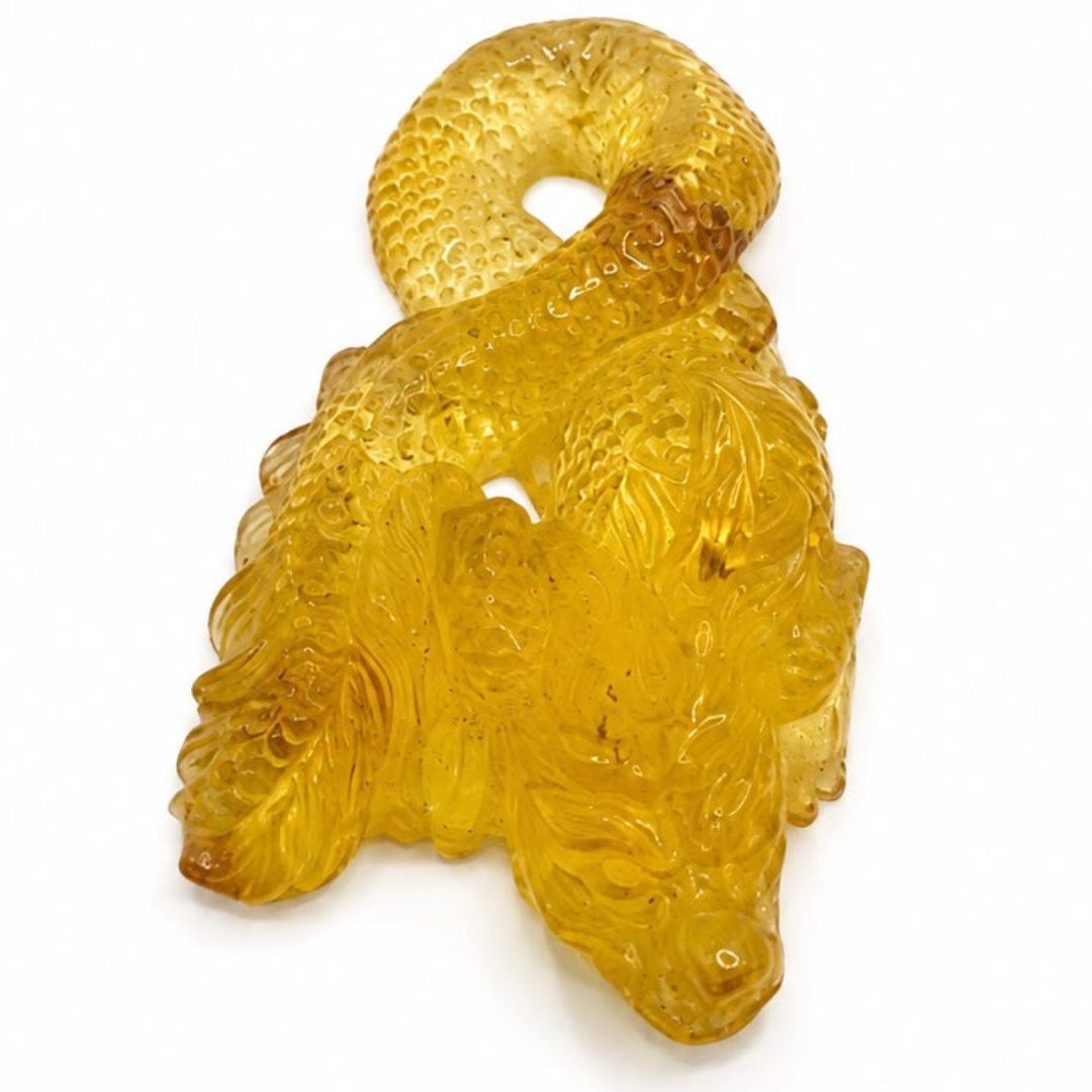 Honey Baltic amber dragon figurine, detail view