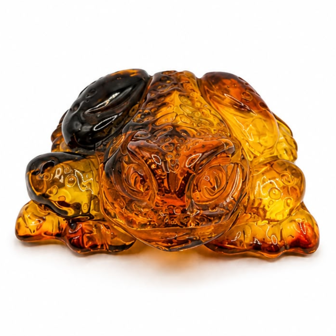 Honey and cognac Baltic amber frog figurine, alternate view