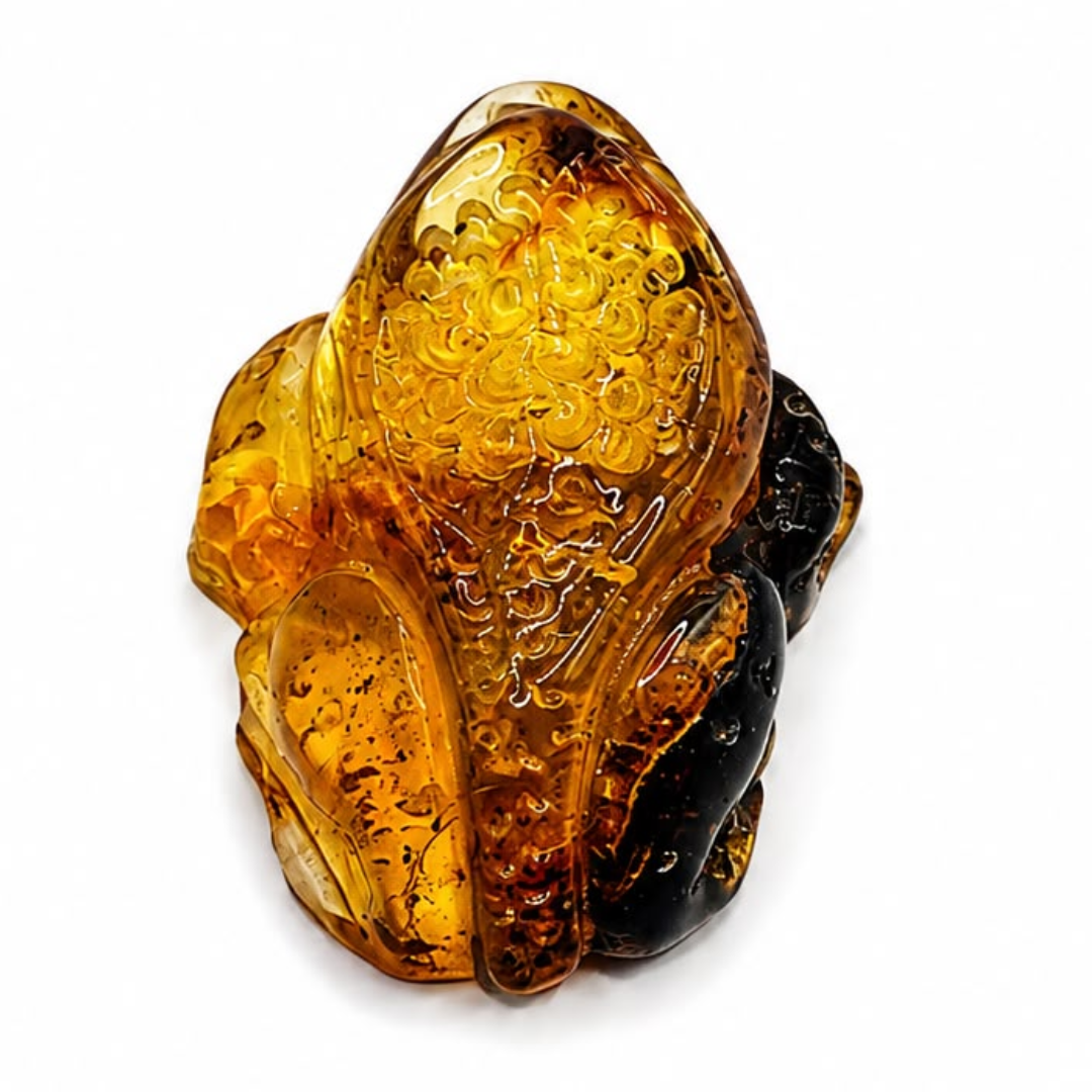 Honey and green Baltic amber frog figurine, alternate view