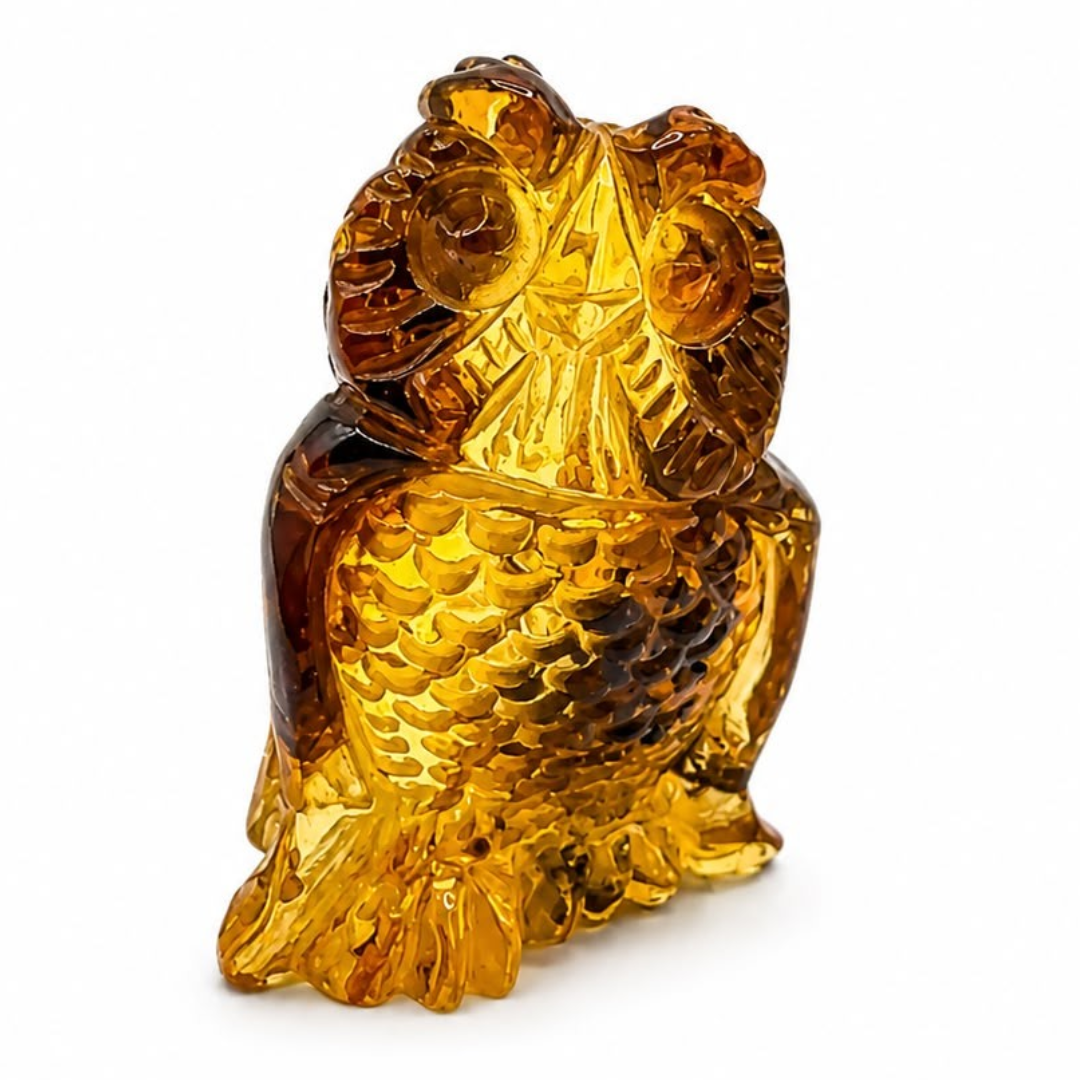 Green Baltic amber owl figurine