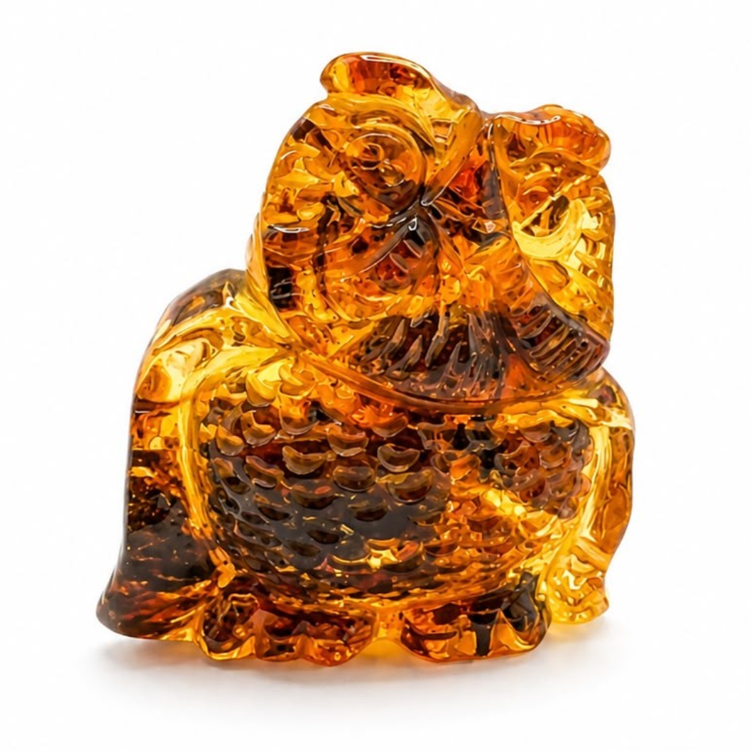 Cognac and green Baltic amber owl figurine