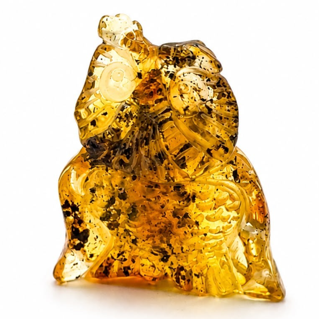 Honey and green Baltic amber owl figurine