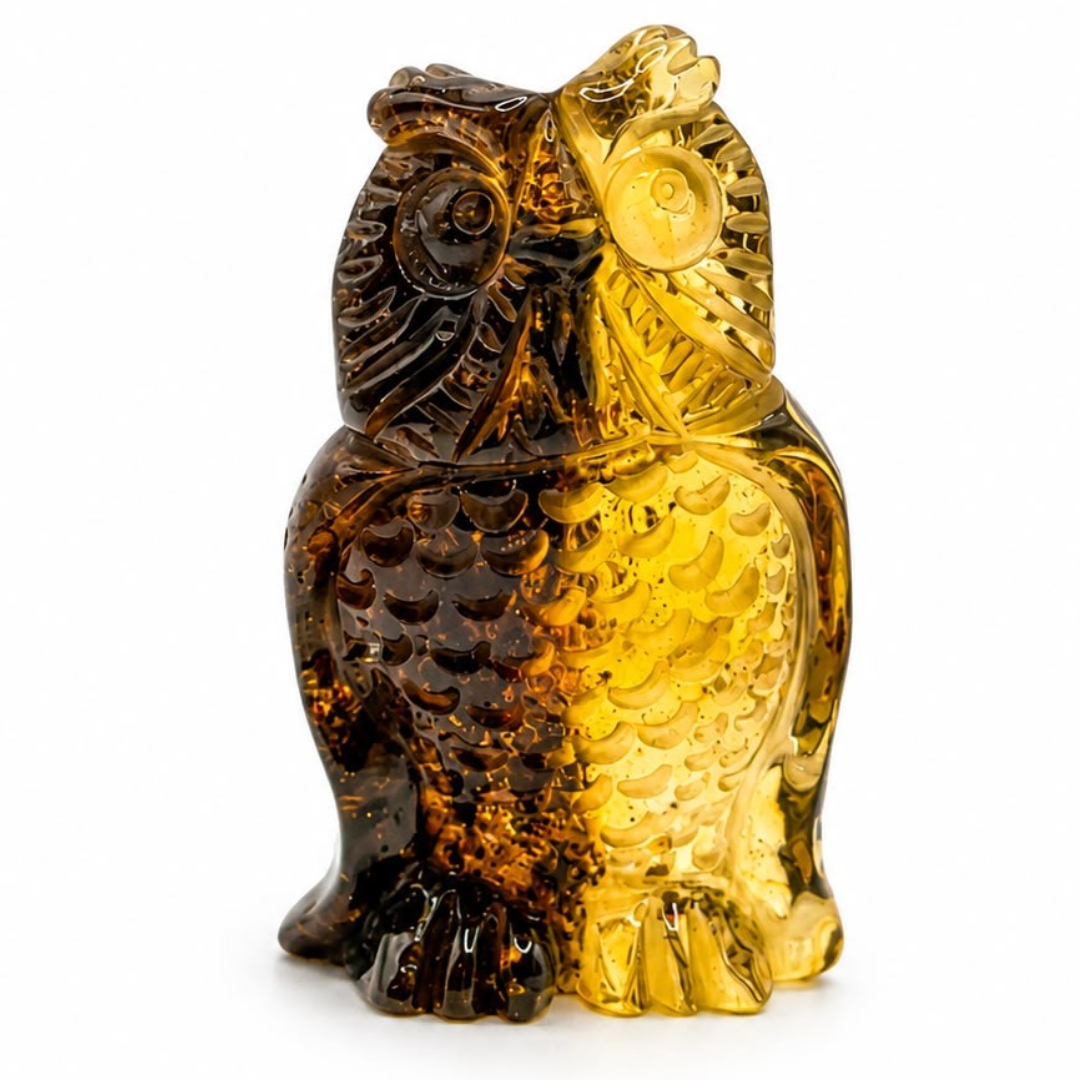 Honey and green Baltic amber owl figurine