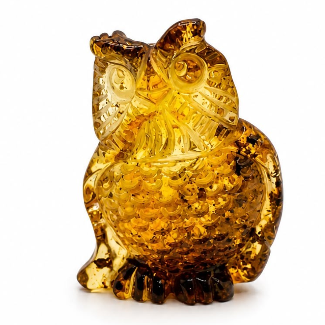 Green Baltic amber owl figurine