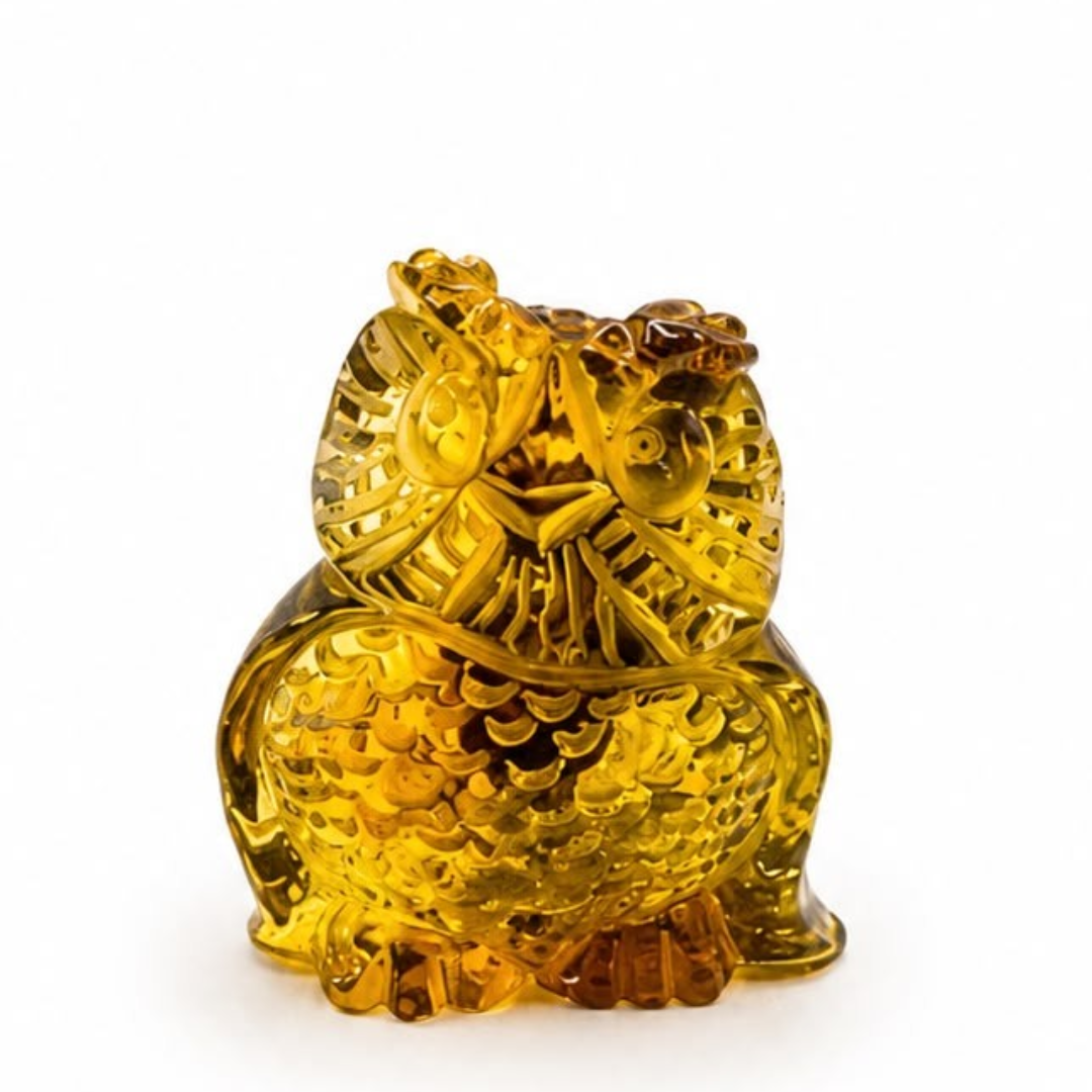 Green and honey Baltic amber owl figurine