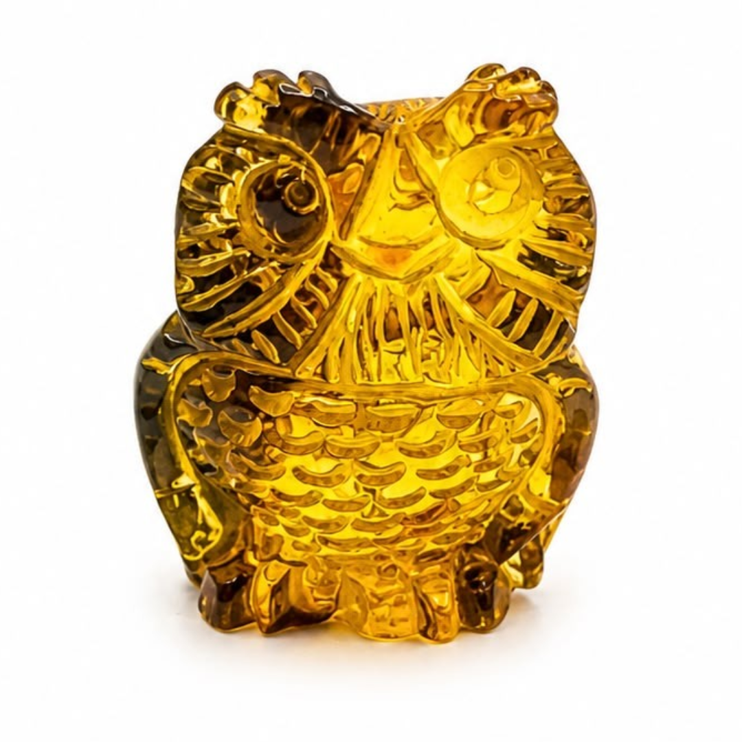 Green and honey Baltic amber owl figurine