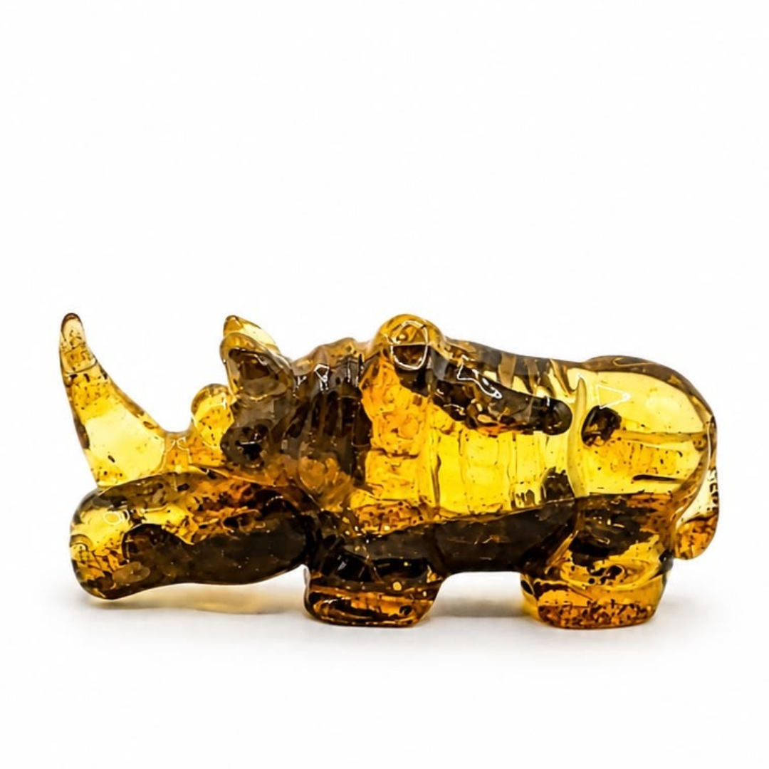 Honey and green Baltic amber rhino figurine