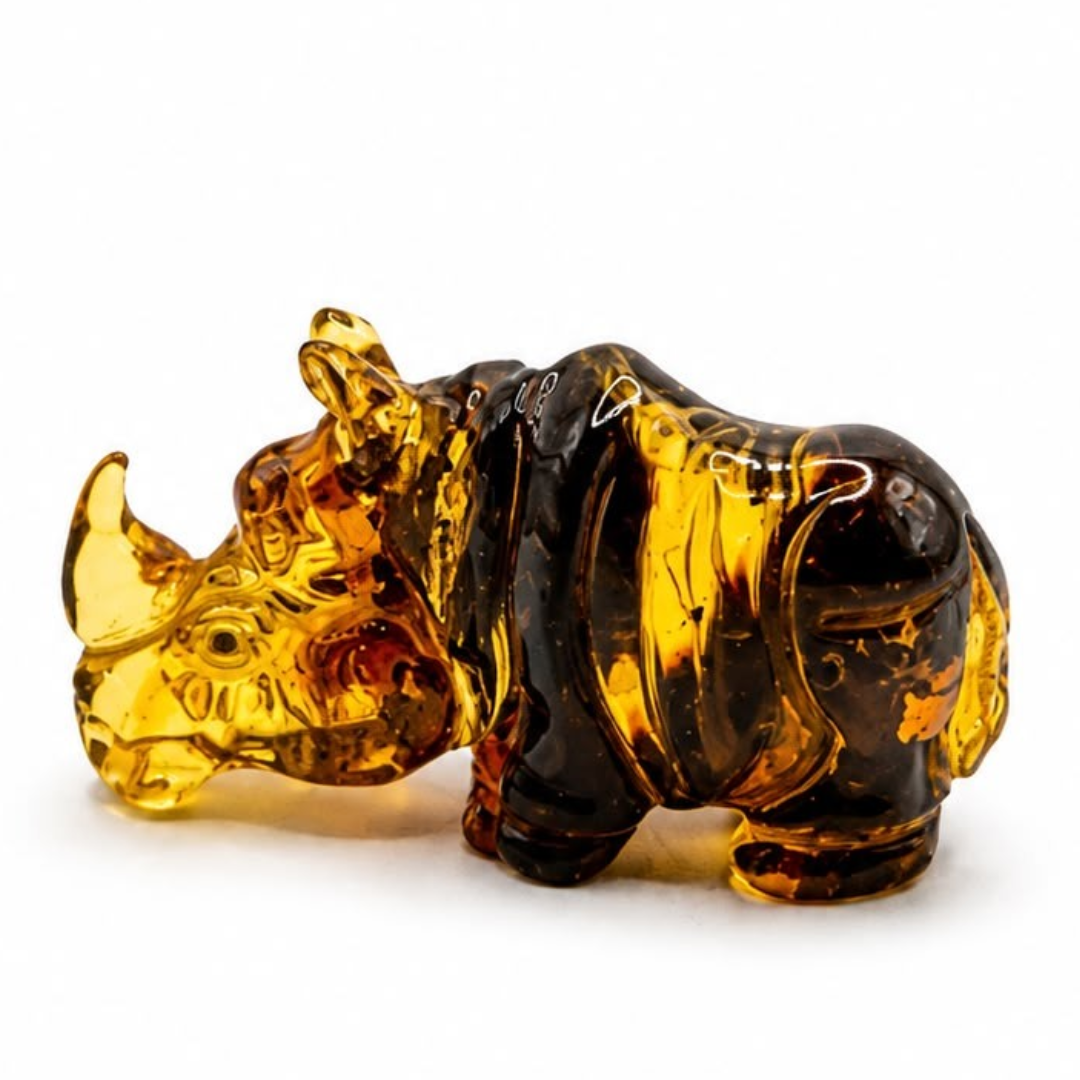 Green and honey Baltic amber rhino figurine