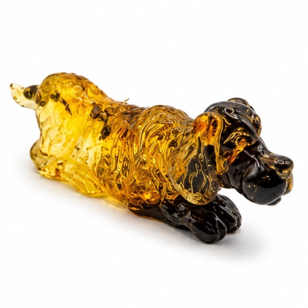Green and honey Baltic amber dog figurine