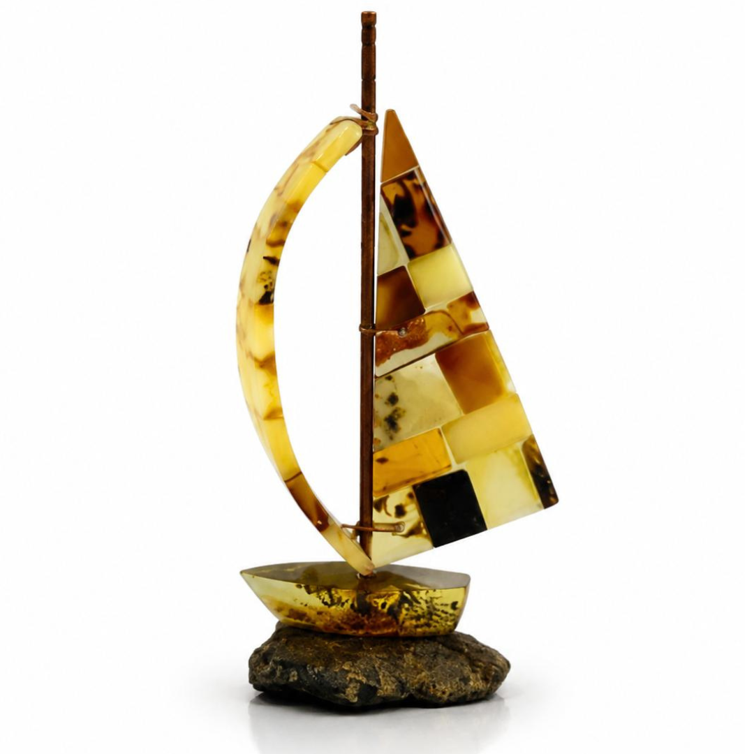 Handcrafted Sailboat Sculpture with Baltic Amber