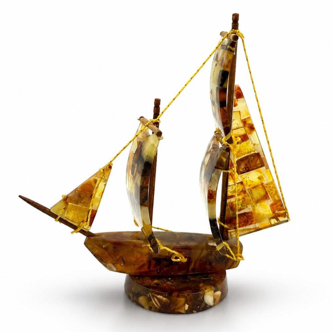 Handcrafted Sailboat Sculpture with Baltic Amber